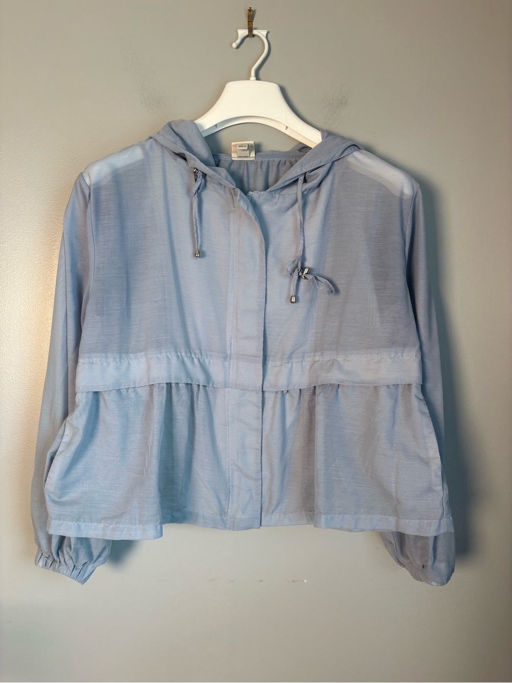 Medium Light Blue Lightweight Slightly Sheer Hooded Windbreaker Anorak Jacket